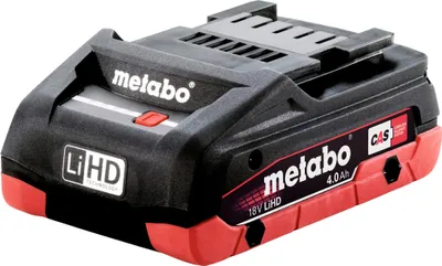 A Metabo 18V 4.0Ah LiHD power tool battery pack is shown against a white background.