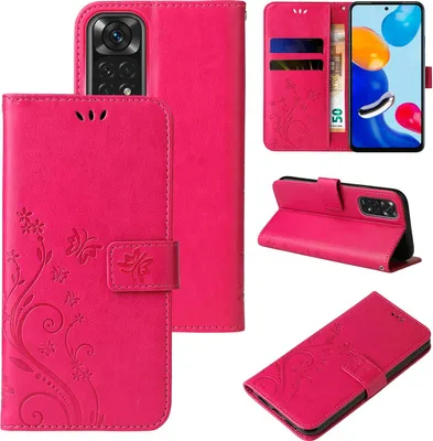 Produktbild von Handyhülle für Xiaomi Redmi Note 11 Floral Blumen Schmetterling Flip Cover Hülle Case Klapphülle Handytasche Farbe: Pink