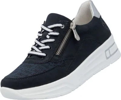 A single navy blue sneaker with white laces and a white sole is shown against a white background.