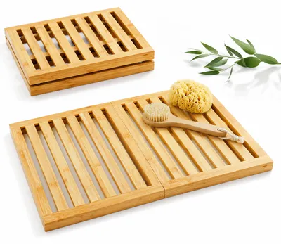 Produktbild von Relaxdays Bambus Badematte, 59,5x39 cm, rutschfest, klappbar, indoor, outdoor, Badewanne, Dusche, Sauna, Baderost, natur, KI-generiertes Bild