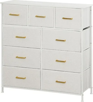 Obrázek produktu pro Fortuna Lai Komoda Sideboard s 9 látkovými zásuvkami, zásuvková skříň s pracovní deskou, úchytka, úložná skříň do obývacího pokoje, ložnice, krémově bílá