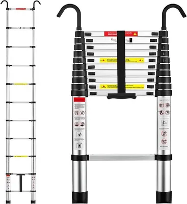 Imagen del producto de Escalera telescópica de aluminio de 3,2 metros, plegable, con gancho desmontable, capacidad máxima de carga: 150 kg