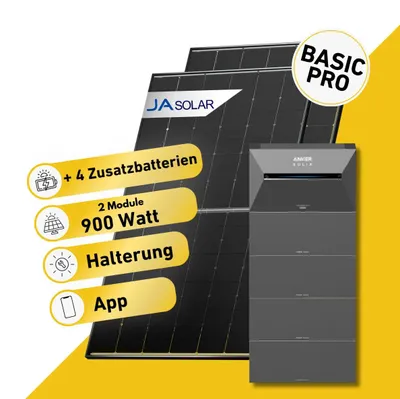 Produktbild von Balkonstrom Balkonkraftwerk 900W mit Speicher | 4xZusatzspeicher | Bitumendachhalterung | 2xSolarmodul Bifazial | Anker Solix 3 Pro