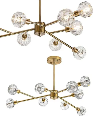 Two views of a gold-colored chandelier with clear glass globes.