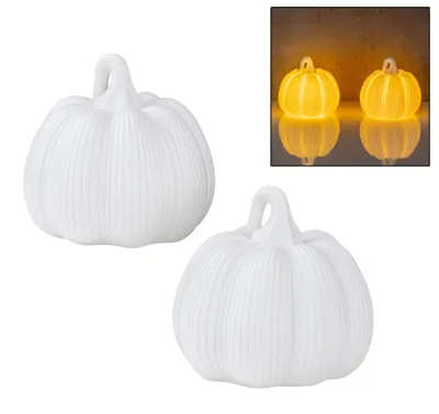 Produktbild von 2er Set runde LED Kürbisse Weiß H11cm Timer Porzellan Tischdeko Herbstdeko Dekoleuchte Halloween Deko