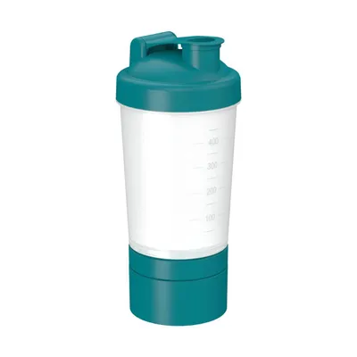 Produktbild von Shaker "Protein" Pro 2+ mit 400 ml - Fitness Shaker für Eiweiß- & Sportgetränke mit drei abnehmbaren Kammern und herausnehmbarem Sieb - transparent/teal