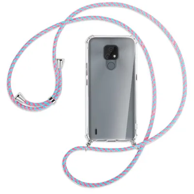 Produktbild von Handykette Backcover-Schutzhülle mit Band (Metall silberfarben) für Motorola Moto E7 - pink/mint