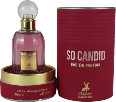 A bottle of Maison Alhambra So Candid Eau de Parfum and its cylindrical packaging.
