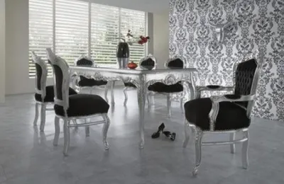 Produktbild von Casa Padrino Barock Esszimmer Set Schwarz/Silber/Silber - Esstisch + 6 Stühle