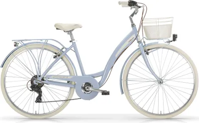 A light blue city bike with a white basket and seat, shown against a white background.