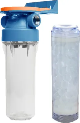 A water filter housing and a filter cartridge are shown side-by-side against a white background.