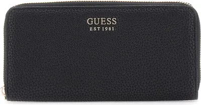 A black wallet is shown from the front on a white background.