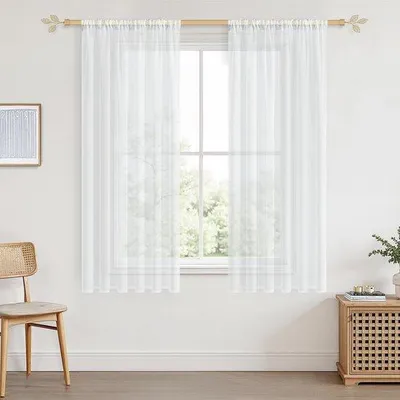 Image de Ensemble de 2 rideaux transparents Unyqoos®, aspect lin – tissu polyester translucide, dimensions 140 x 137 cm, avec poche de 7,5 cm pour tringle, idéal pour le salon et la chambre