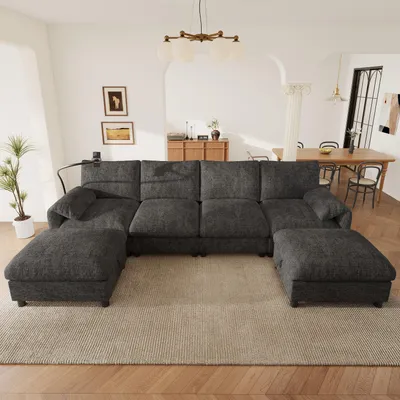 Produktbild von Merax U-Form Modulares Ecksofa, 6 Sitzer Wohnlandschaft Mit 2 Hockern Stauraum, USB Type C, Handyhalter, Chenille Soffa, Couch, Grau