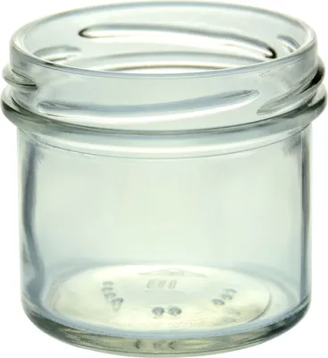 A clear glass jar with a threaded rim, shown against a white background.