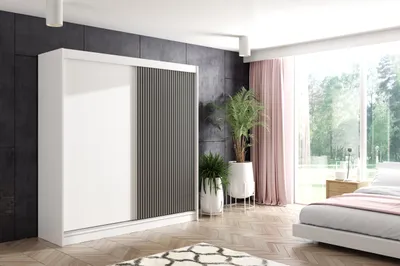 Produktbild von ALTDECOR Kleiderschrank mit Lamel-Schiebetüren, kugelgelagerte Führungsschienen und Aluminium-Leisten - VILO - 200 cm - Weiß/Lamelle Schwarz
