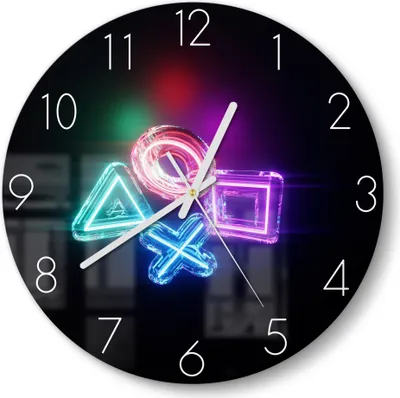 Produktbild von DEQORI Glasuhr Ø30 cm Zahlen 'Neon Gaming Symbole' Wanduhr Glas Uhr Design leise Küchenuhr