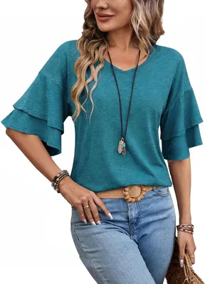 Productafbeelding van Ryhula T-shirt voor dames, zomer, 3/4 mouwen, elegante blouse, blauwgroen, maat M