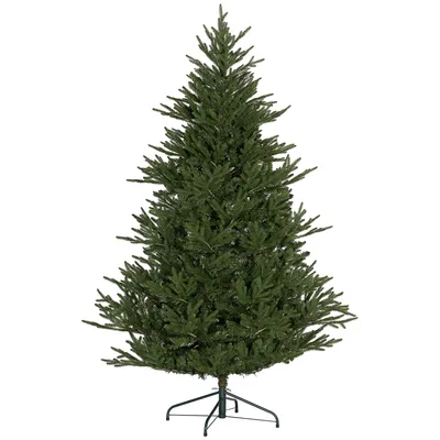 A green artificial Christmas tree on a white background.