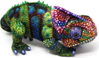 A plush toy chameleon on a white background.
