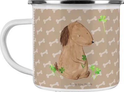 Produktbild von Mr. & Mrs. Panda Teetasse Hund Kleeblatt - Hundeglück - Geschenk, Glücksbringer, Viel Glück, Emaille Tasse, Pott, Campingtasse, Kaffeepott, Teebecher, Sprüche