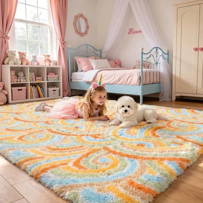 Productafbeelding van Pluizig tapijt met regenboogmotief, wasbaar, 200 x 290 cm, antislip, geschikt voor kinderkamers