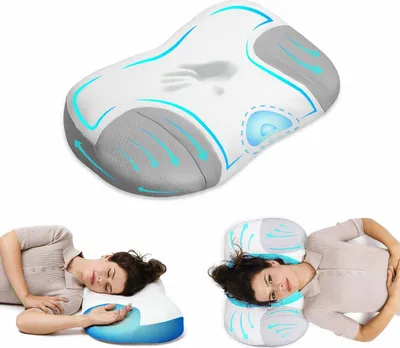 A collage of images showing a pillow designed for side and back sleepers, with demonstrations of how it is used.