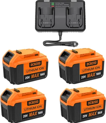 Zdjęcie produktu dla Zestaw akumulatorów do elektronarzędzi – 20 V Li-Ion – 9000 mAh – 4 akumulatory – szybka ładowarka 6 A – kompatybilny z DCB200/201/203/205/DCF885 – srebrny