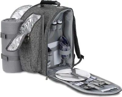 Produktbild von BRUBAKER Picknickrucksack für 2 Personen - mit Flaschenhalter und Decke - Grau Melange 28 × 22 × 40 cm