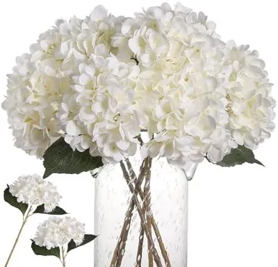 Produktbild von Kisflower 6Pcs Seiden Hortensie Künstliche Blumen Realistische Hortensie Blumen Bouquet für Hochzeiten Party Büro Home Decor (Weiß)