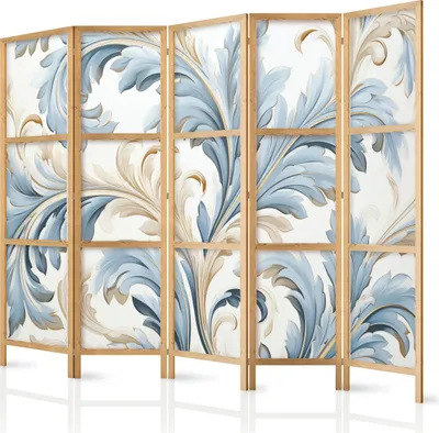 Produktbild von 5-teiliger Einseitiger Vlies Japanischer Paravent - Baroque Ornaments in Light - Cream-Blue Colors 225x172 cm Blumen f-H-10011-bh-b