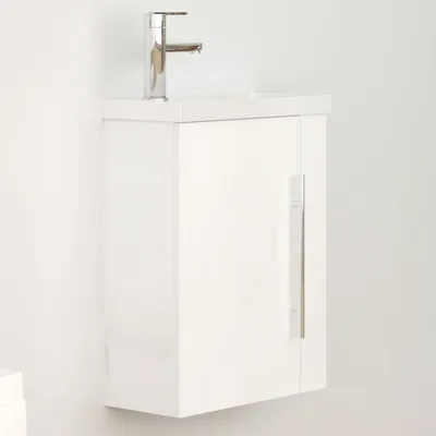 Produktbild von 45cm Waschbecken mit Hochglanz Weiß Unterschrank Gäste WC Waschbecken mit Mineralguss Weiß