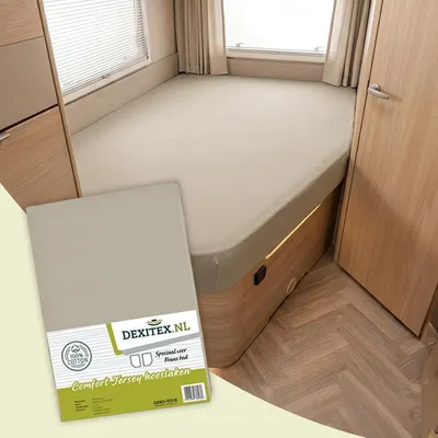 Produktbild von Dexitex Spannbettlaken für Französische Betten, 1 Stück, Sand, rechte Seite, 125–155 × 190–210 cm, 100% Baumwolle, für Wohnwagen und Wohnmobile