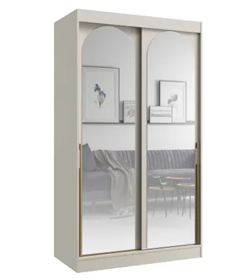 A wardrobe with mirrored doors reflecting a living room scene.