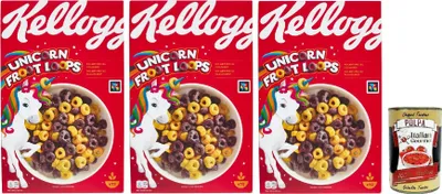 Produktbild von Froot Loops Frühstückscerealien, 3x 375g, Hafer und Mais mit Fruchtgeschmack – ohne künstliche Farb- und Aromastoffe + Italian Gourmet polpa 400g