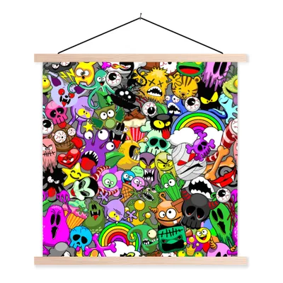 Produktbild von MuchoWow® Textilposter Neon - Muster - Lustig - Monster - Regenbogen - Kinder 60x60 cm mit holzfarbenen Rahmen - Wanddekoration