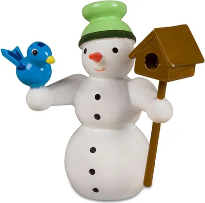 Productafbeelding van Kerstdecoratie: Miniatuur sneeuwpop met vogelhuisje. Hoogte ongeveer 6 cm. Nieuw