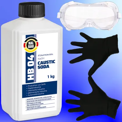 Produktbild von Ätzsoda Rohrreiniger 1kg Flasche Abflussfrei kaustisches Soda Natronlauge + Schutzbrille + Nitrillhandschuhe Arbeitskomfort Set HB04
