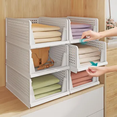 Produktbild von SONGMICS Schrank-Organizer klappbar, Kleiderschrank-Organizer stapelbar, ausziehbarer Korb 6er Set, Aufbewahrung und Organisation, Kunststoff