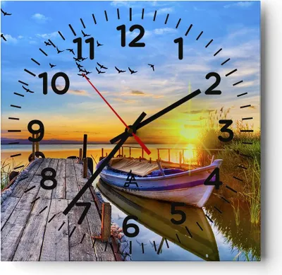 Produktbild von Wanduhr - Quadrat - Glasuhr - See Boot Wasser - 40x40cm - Schleichendes Uhrwerk - Lautlos - zum Aufhängen bereit - Dekoration Modern - Wanddekoration aus Glas - C4AC40x40-3983