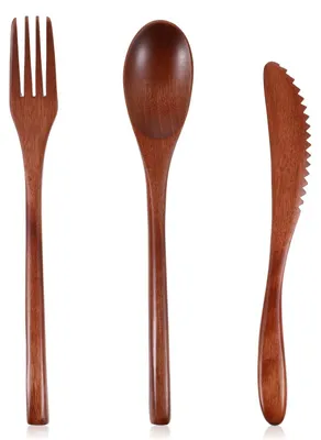 Holzbesteckset 6-teilig – Löffel, Gabeln, Messer aus Kampferholz