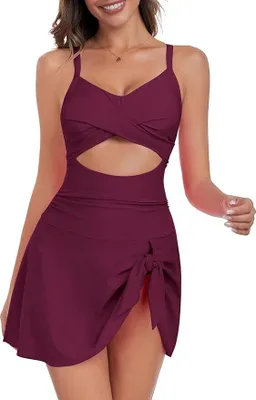 Produktbild von Damen Badeanzug - Einteiliges Schwimmkleid mit Bauchkontrolle, Push-Up-Effekt, Cutout-Design, V-Ausschnitt und Schleifenrock, A