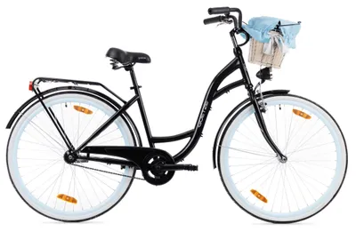 Produktbild von Goetze Style 28 Zoll City Bike, 46 cm Tiefeinsteiger, 1-Gang mit Rücktrittbremse hinten & V-Bremse vorne, LED-Beleuchtung, Rattankorb mit Bezug