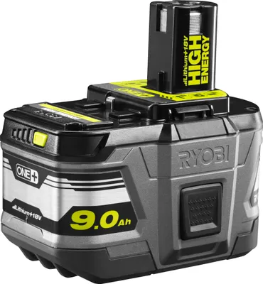 A close-up studio shot of a Ryobi 18V 9.0 Ah lithium-ion battery pack.