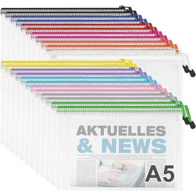 Produktbild von Dokumententaschen A5 wasserdicht mit Reißverschluss 24 Stück 12 Farben 23 x 17 cm PVC