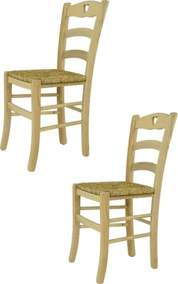Two wooden chairs with woven seats are shown against a white background.