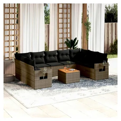 Produktbild von 10-teiliges Gartensofa-Set mit grauen Kissen aus Polyrattan, Outdoor-Sofas für den Garten
