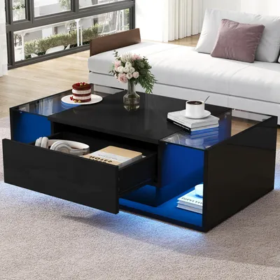 Image de Table basse Sweiko 100x50x31cm,table basse avec 1 tiroir et barre lumineuse LED, table d'appoint en verre trempé,table basse haute brillance,table de salon noire au design minimaliste