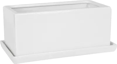 Image de Cache-pot en céramique avec soucoupe Bac Pot de fleurs L 30 cm rectangulaire blanc lisse