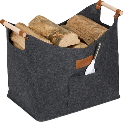 Produktbild von Relaxdays Kaminholzkorb Filz, 50L, Feuerholzkorb mit Tragegriffen, HBT: 40x51x32 cm, Filzkorb für Brennholz, innen, grau